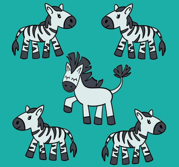 Eine Zeichnung von Zebra Zottel ohne Streifen umgeben von anderen, gestreiften Zebras